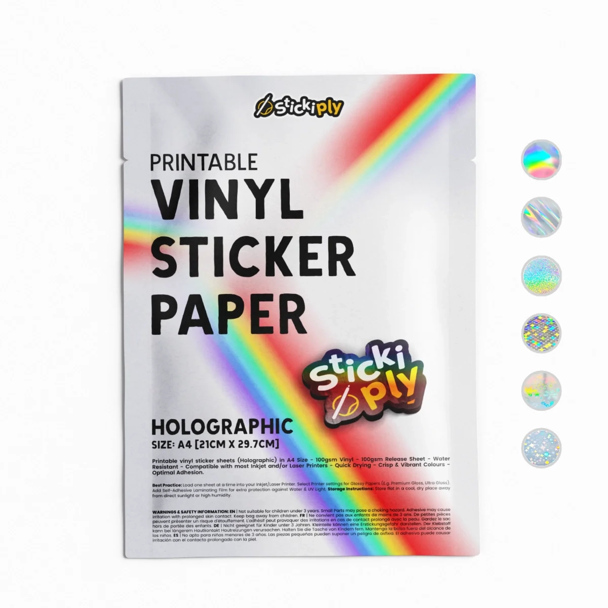 A4 Holographic Sticker Paper Waterproof Inkjet Laser Stickiply