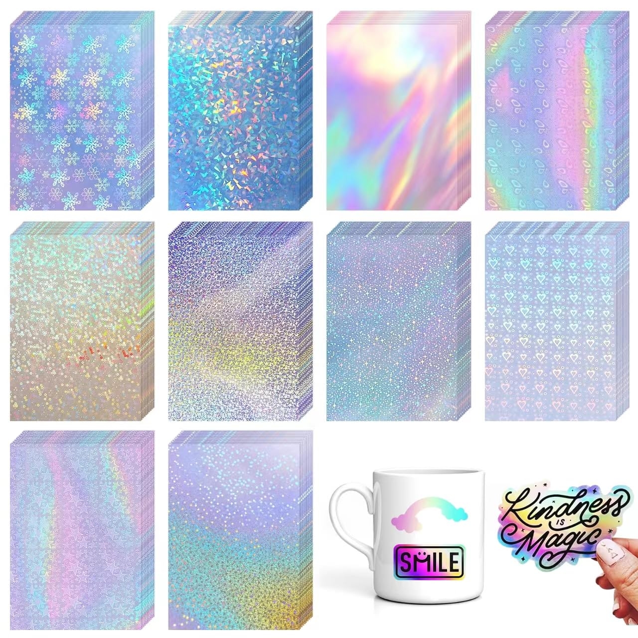 Amazon 100 Sheets Holographic Sticker Paper 8 3x11 7 Inch Clear Vinyl Self Adhesive Waterproof Rainbow Vinyl Sticker Paper Waterproof Transparent Holographic Laminate Film 10 Styles Arts Crafts Sewing