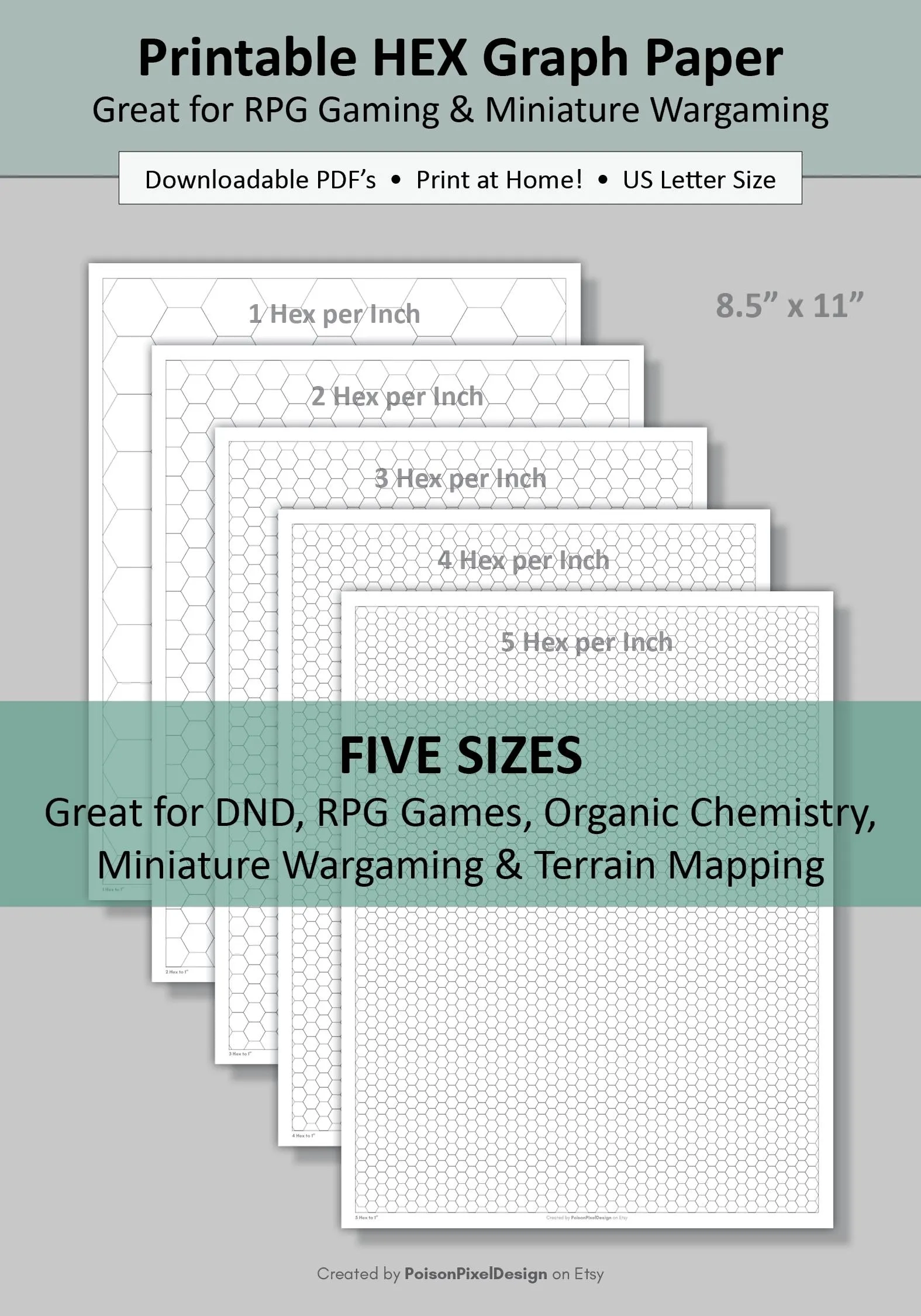 Printable HEX Grid Paper Dnd RPG Wargaming Quilting Game Design digital PDF Download Letter Etsy